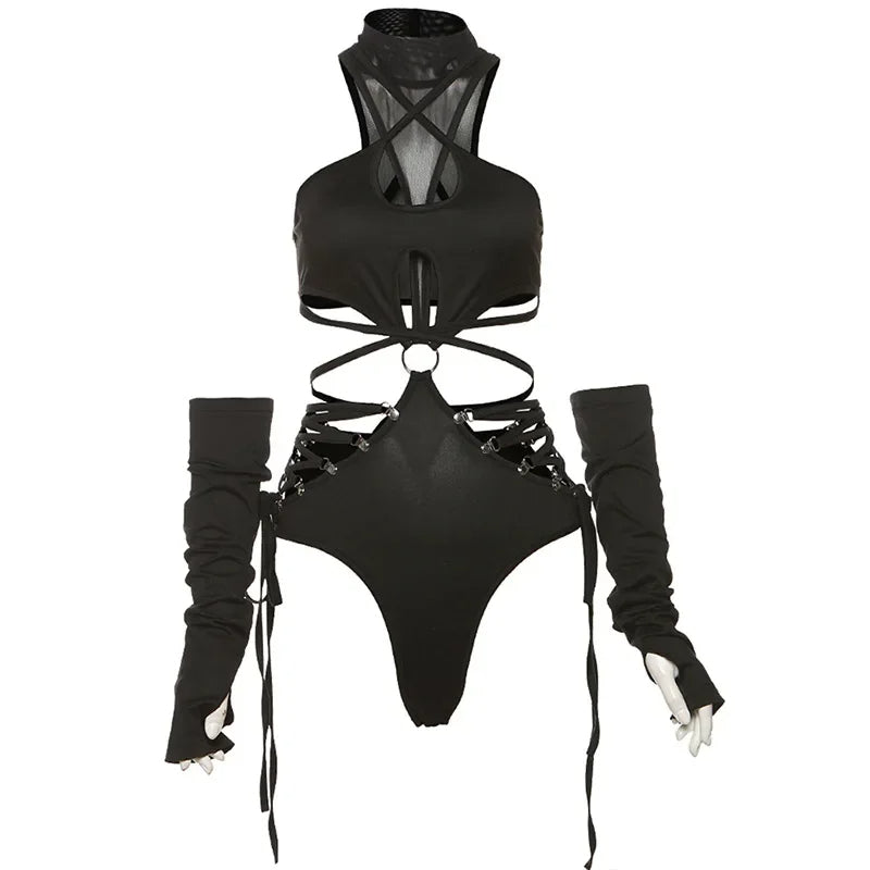 Luna Black Net and Ring Detailed Body Suit