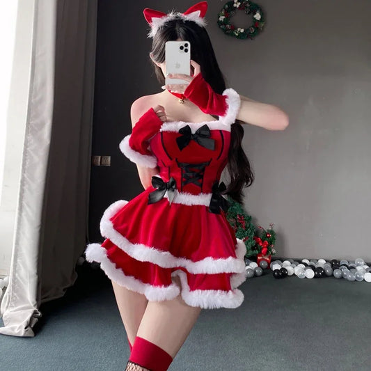 Noel Temalı Kırmızı Kadife Kedi Kostümü - Kadın Cosplay Seti